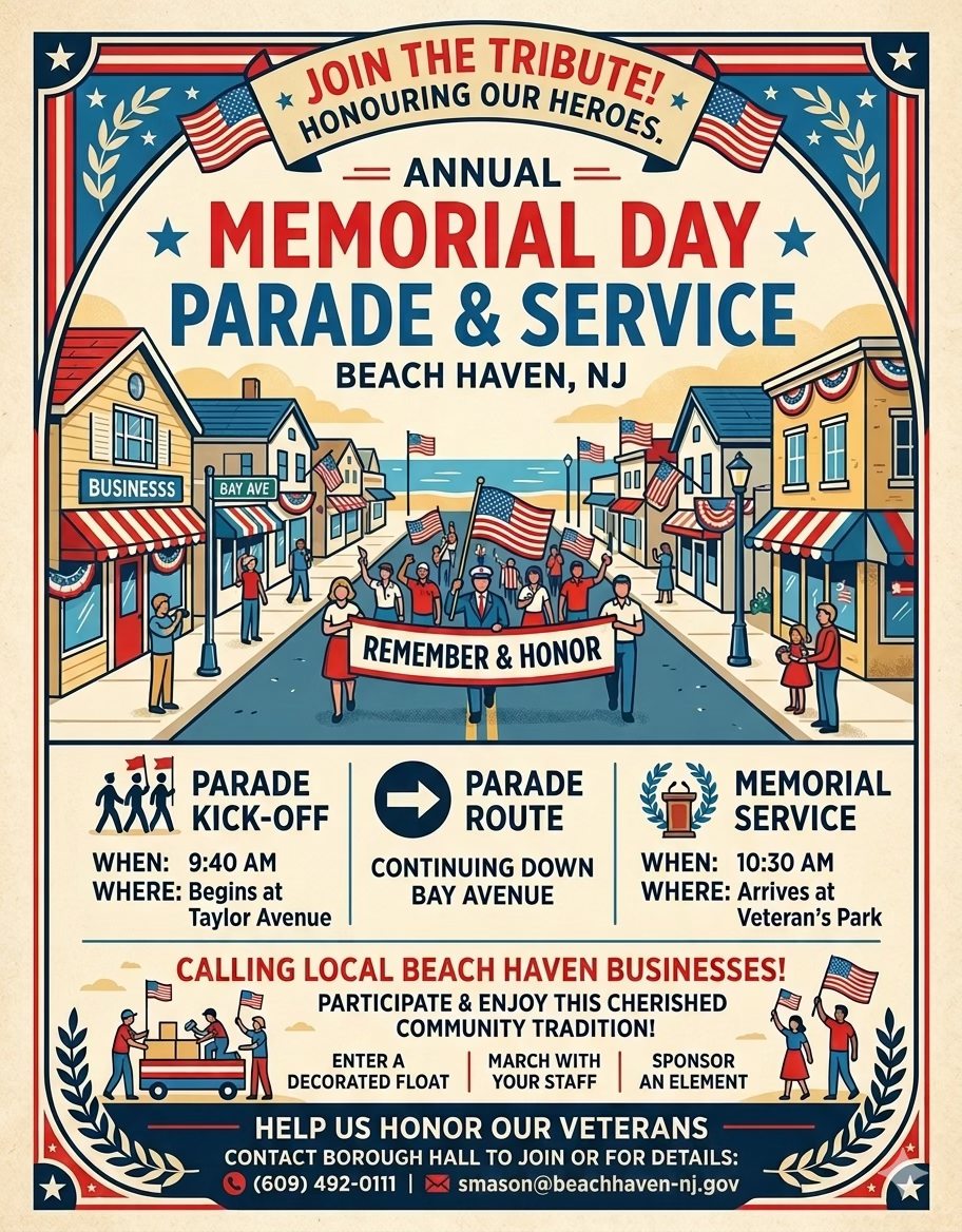 Memoriald Day Oarade and service flyer with a graphic of a downtown overlooking the beach and people standing on the sidewalk watching a parade go down the street