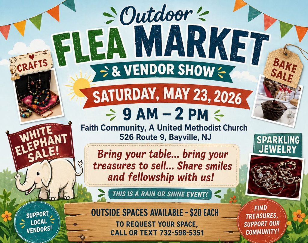 flea market flyer with jewelry a cupcake and a graphic of an elephant. Flowers and bushes as the background 