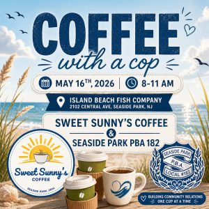 Coffee with a cop flyer with coffee cups in the sand on the beach and seagulls flying above 