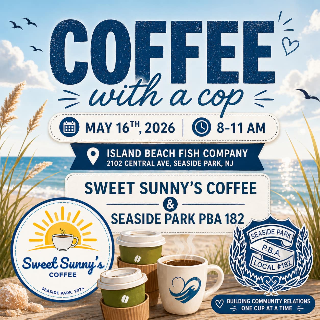 Coffee with a cop flyer with coffee cups in the sand on the beach and seagulls flying above