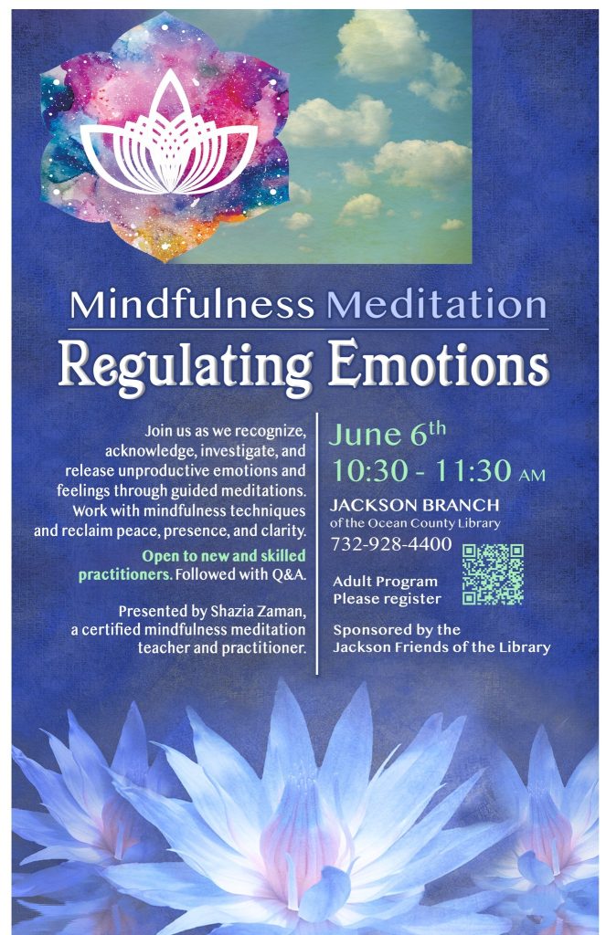 Mindfulness Meditation: Regulating Emotions flyer with flowers and clouds in the sky 