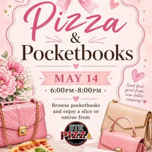 graphic of heart shaped pizza pink pocketbooks and pink flowers 
