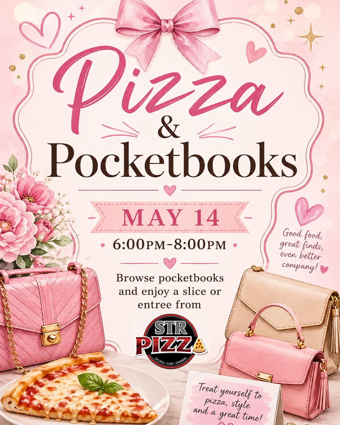 graphic of heart shaped pizza pink pocketbooks and pink flowers