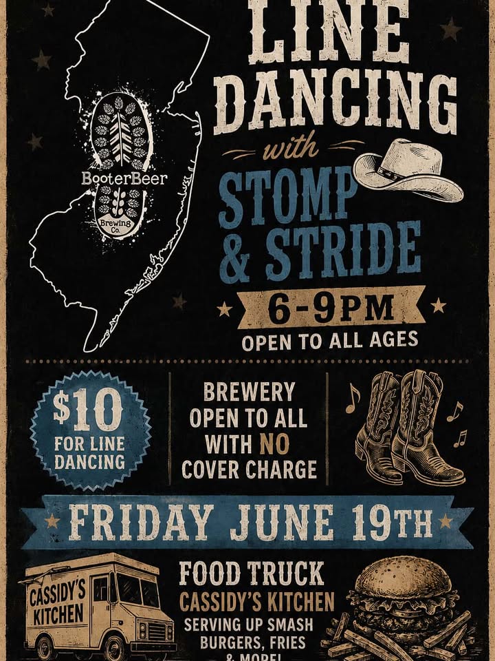 Line Dancing flyer with Stomp & Stride Booterbeer Brewing co. Graphic of a cheeseburger and fries, a food truck, cowboy hat and cowboy boots with musical notes around it.