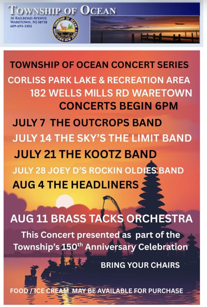 Township of Ocean concert series flyer with a background of the sun setting overlooking a lake surrounded by trees