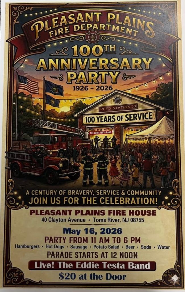 graphic of people celebrating 100 years of service at a fire department with fire trucks and vendor tents 