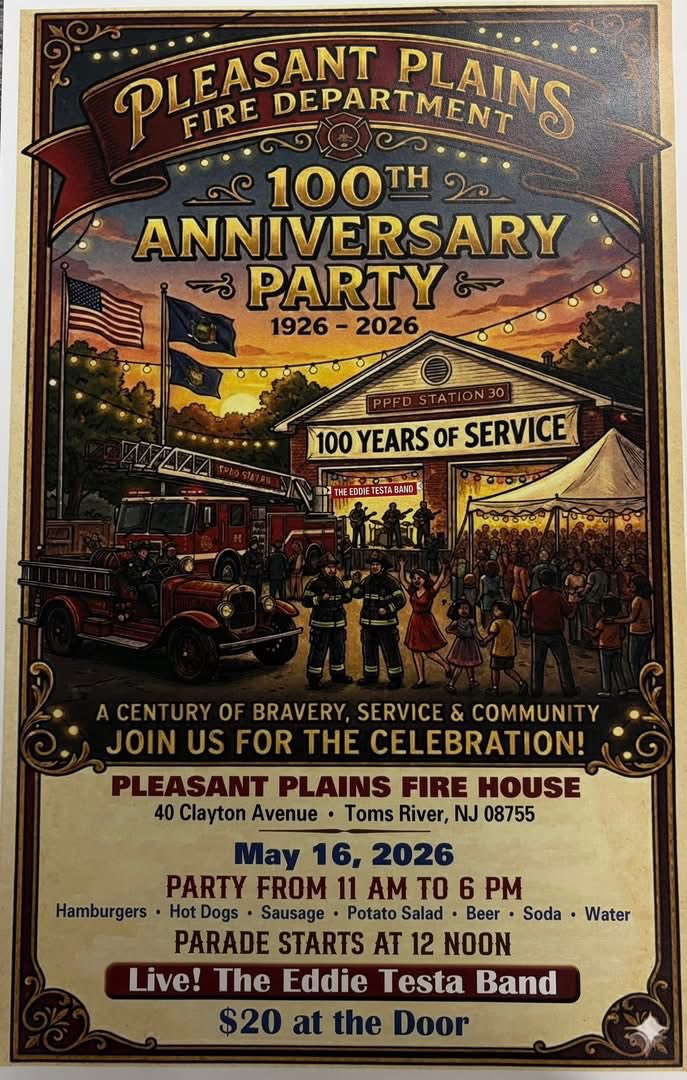 graphic of people celebrating 100 years of service at a fire department with fire trucks and vendor tents