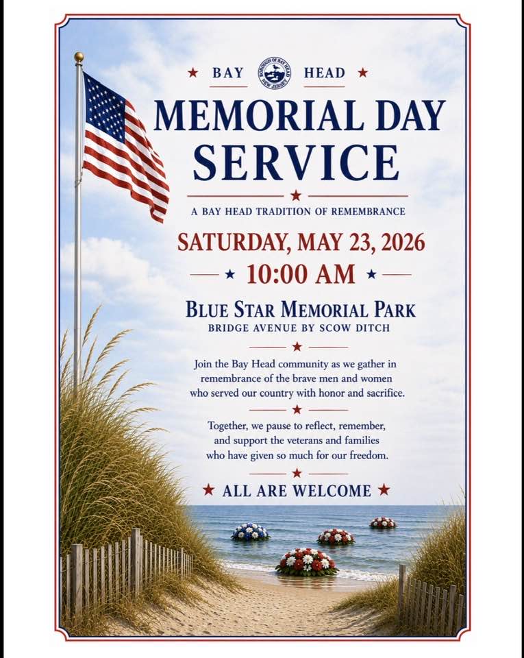 Memorial Day Service with a photo of a beach with flowers in the ocean and an American Flag on a flagpole