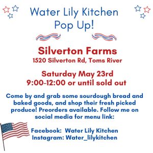 water lily kitchen pop up flyer with red and blue stars and an American Flag