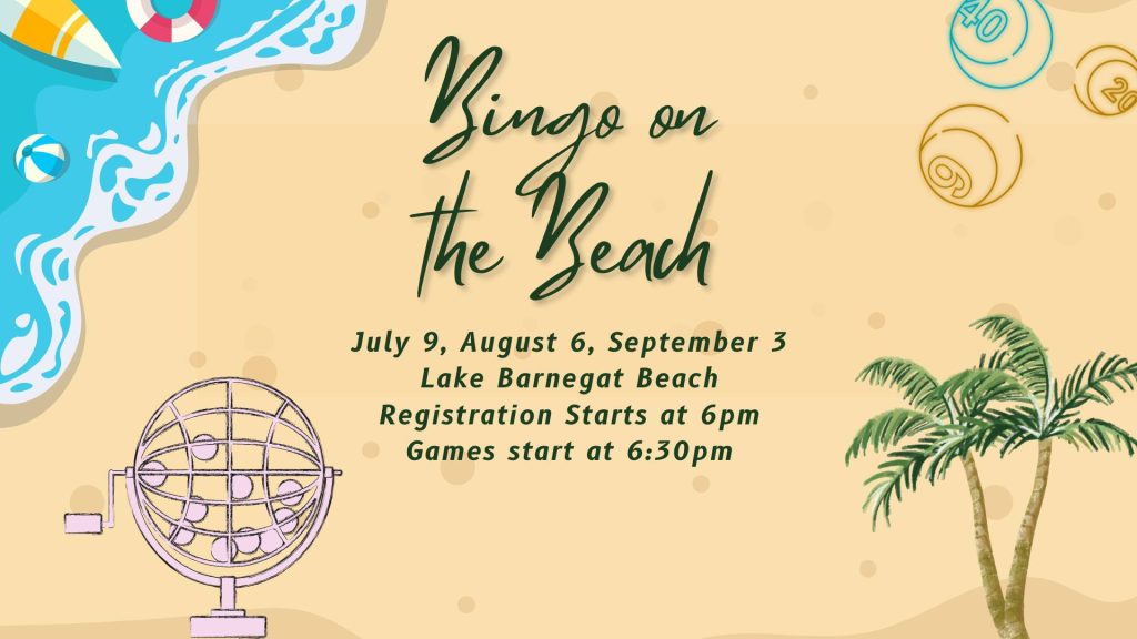 Bingo on the beach with a beach graphic background. Pam trees, the water with a surf board and raft in it, and a game spinning wheel