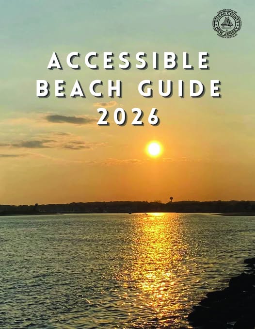 Accessible beach guide 2026 with a photo a sunset over the bay