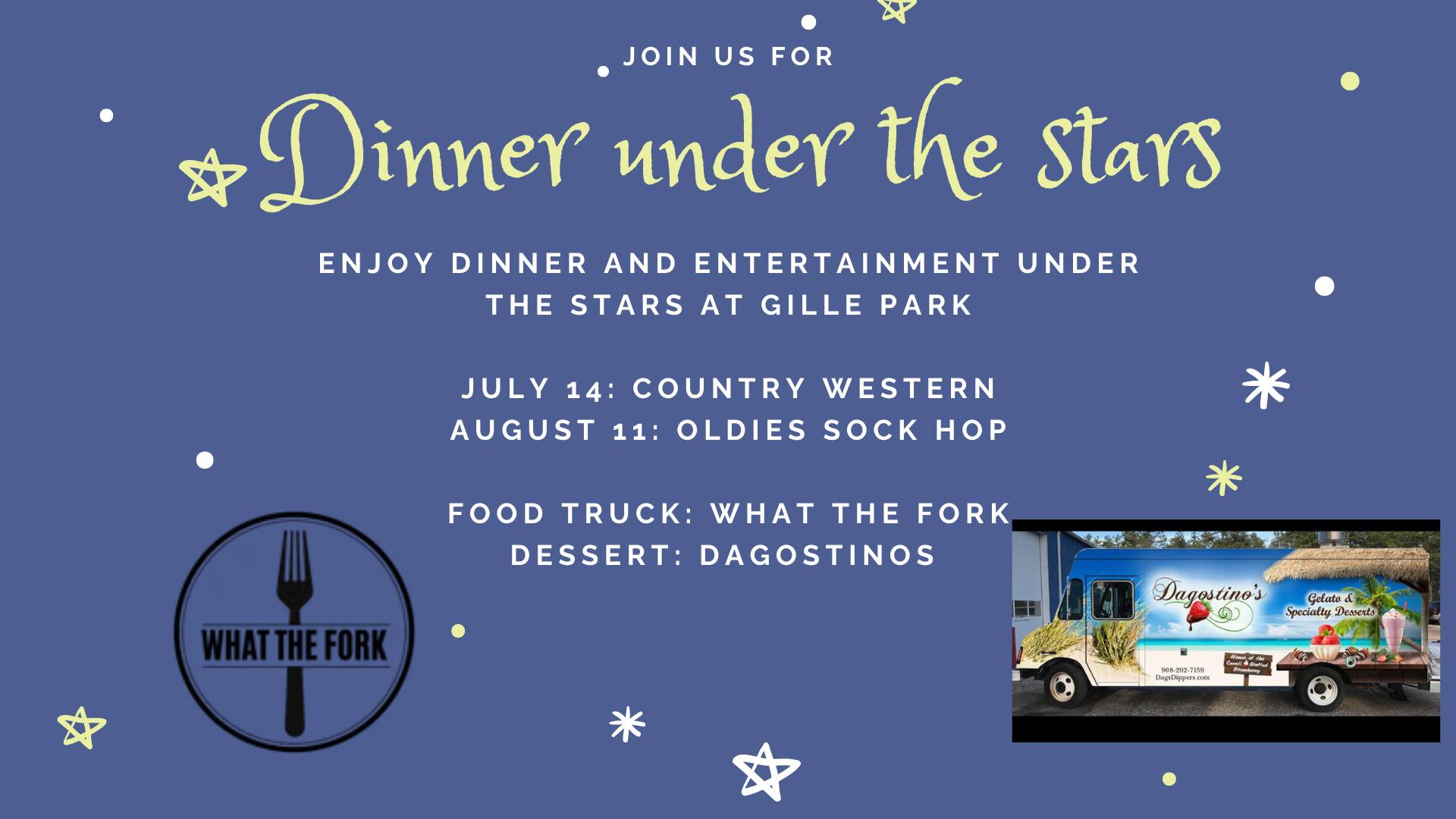 Dinner under the stars flyer with a photo of a food truck and stars