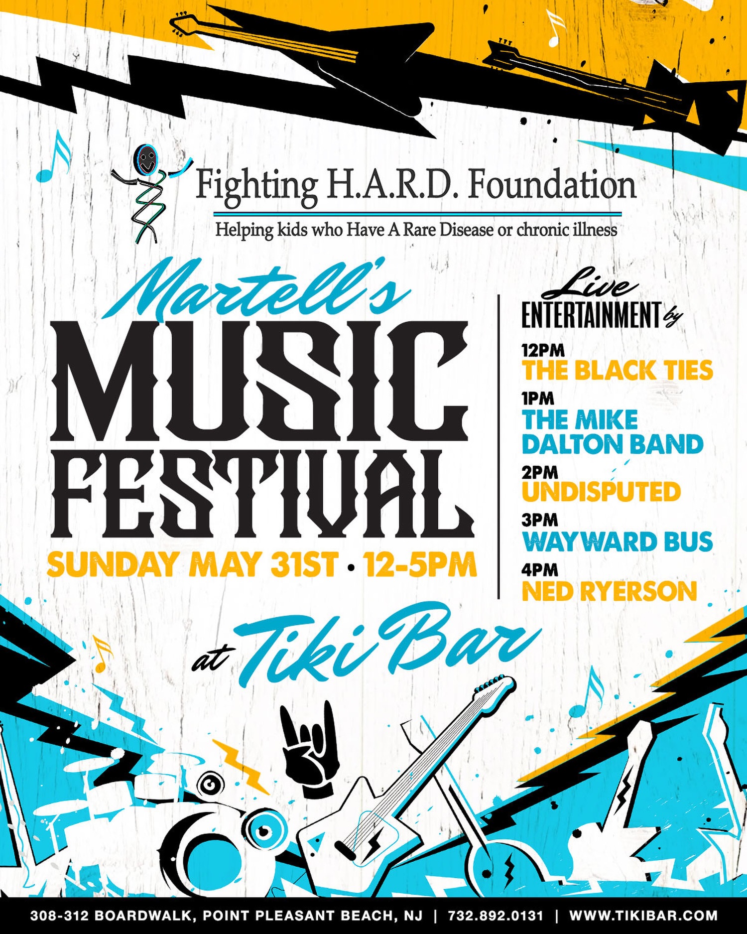 Music festival flyer with graphic of musical instruments