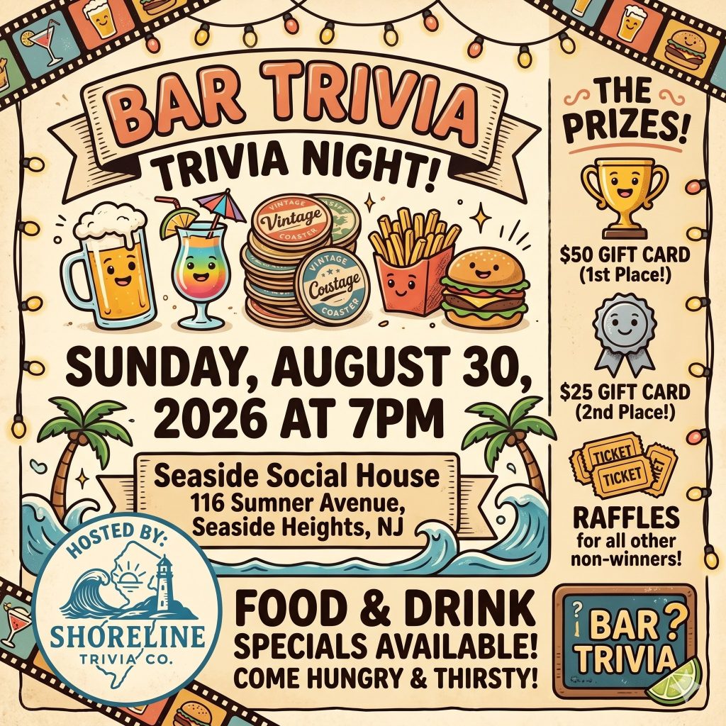 Bar Trivia Night Flyer with graphic of ocean waves and palm trees, a martini, beer in a glass with a smiley face on it, fries, cheeseburgers and string lights.