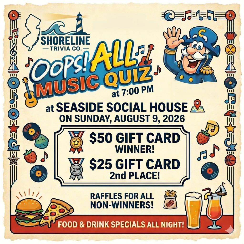 Oops! All music quiz trivia flyer. 