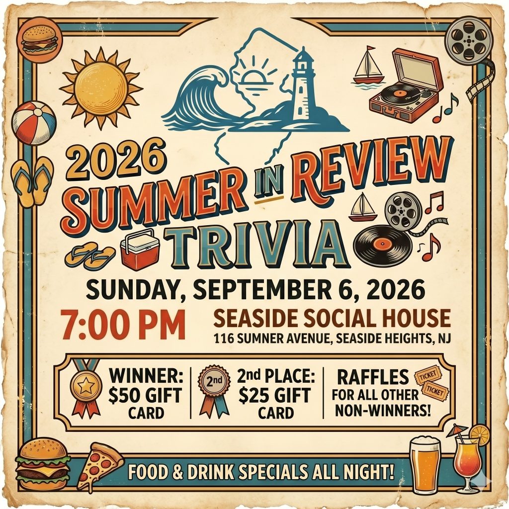 2026 Summe rin review trivia flyer with a blue brder amd graphics of a sailboat, the sun, cheeseburger, beach ball, sandals, pizza, beer in a glass, a mixed drink with an umbrella, records, film and music notes.