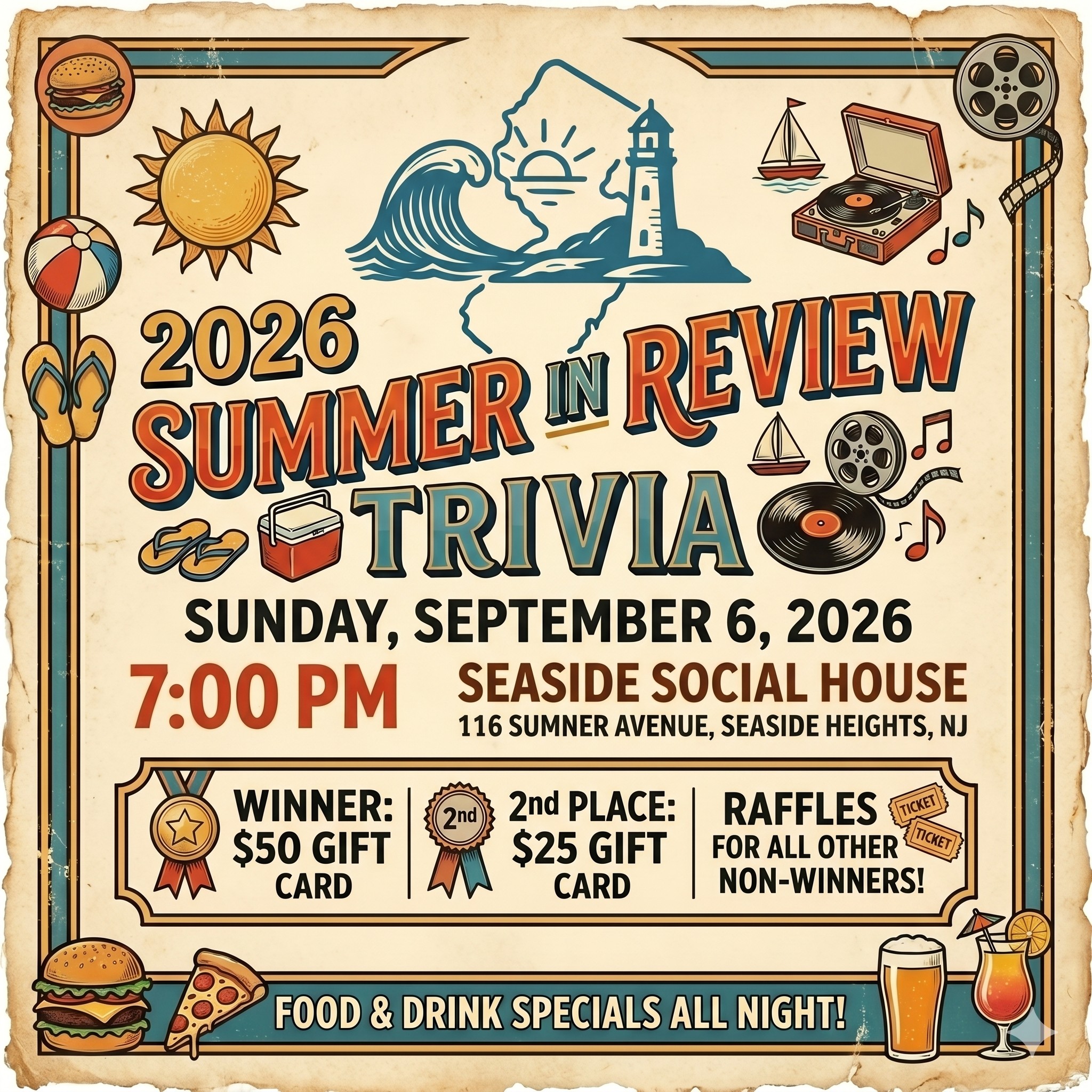 2026 Summe rin review trivia flyer with a blue brder amd graphics of a sailboat, the sun, cheeseburger, beach ball, sandals, pizza, beer in a glass, a mixed drink with an umbrella, records, film and music notes.