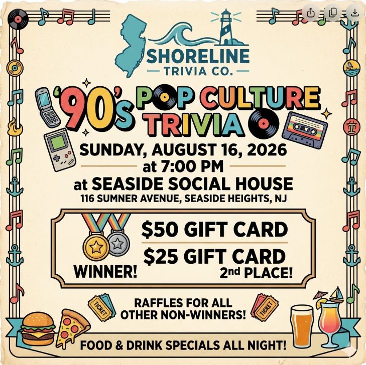 Vintage-inspired flyer for “90’s Pop Culture Trivia” hosted by Shoreline Trivia Co. Design includes colorful 1990s-themed illustrations such as cassette tapes, a Game Boy, flip phone, vinyl records, music notes, anchors, burgers, pizza, and cocktails. Flyer uses bright retro colors and nostalgic graphics on a parchment-style background.