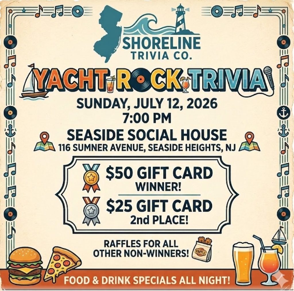 Yacht Rock Trivia flyer with border of musical notes and records