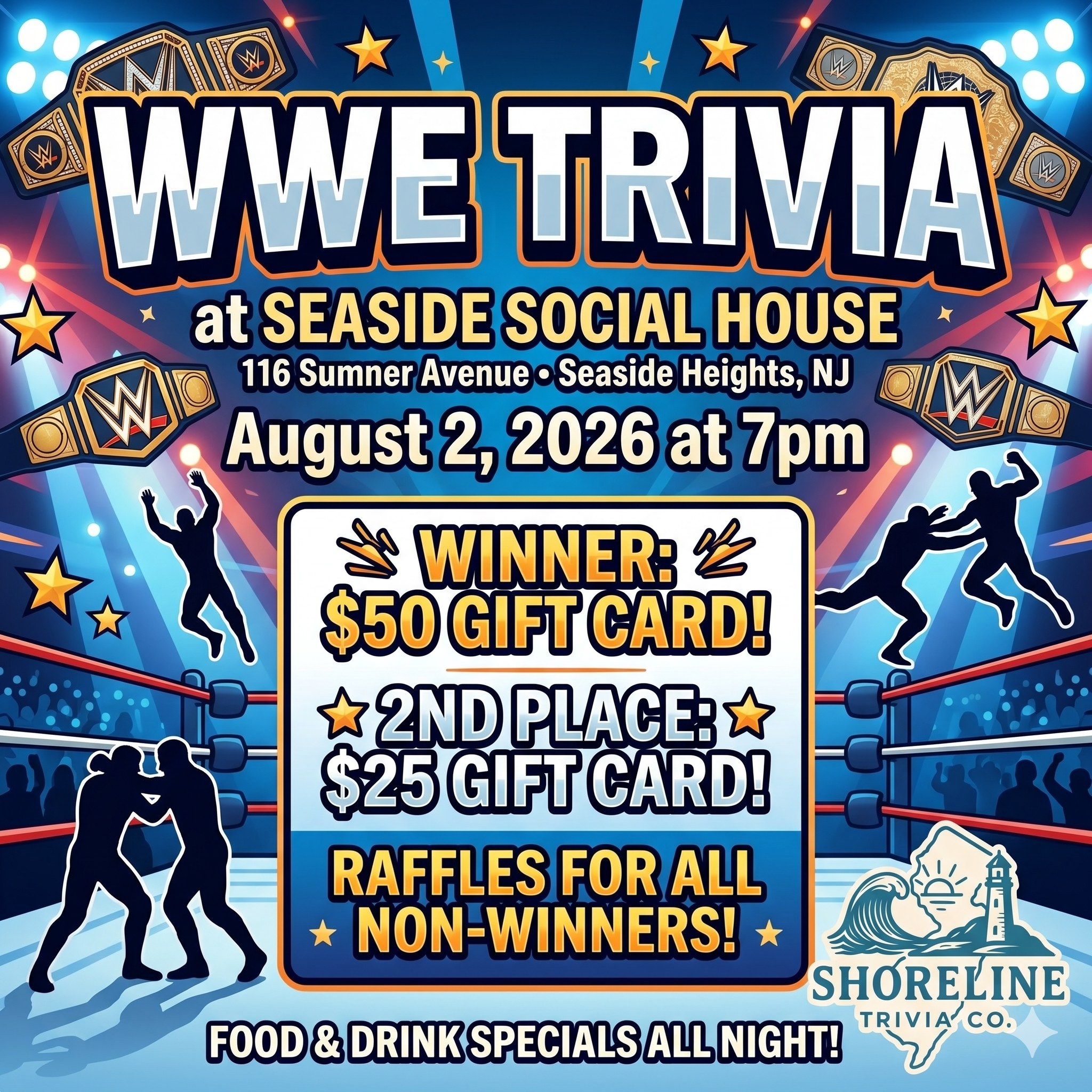 WWE Trivia flyer with a wrestling ring as the background and people wrestling.