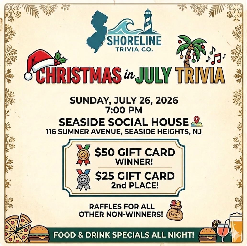 Christmas in July Trivia flyer with a snowflake border a pam tree with Christmas lights and musical notes around it