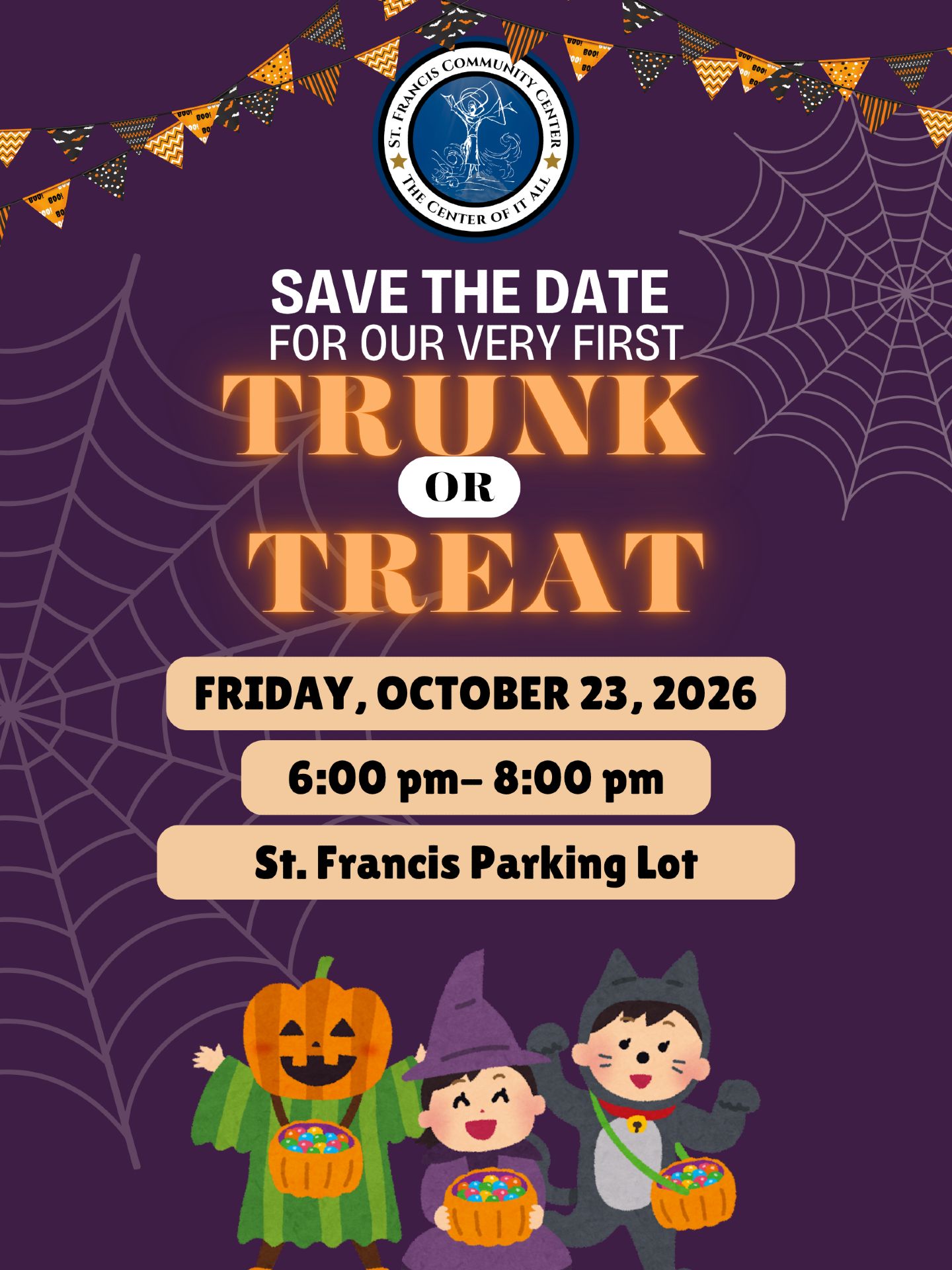 graphic of kids in Halloween costumes on trunk or treat flyer