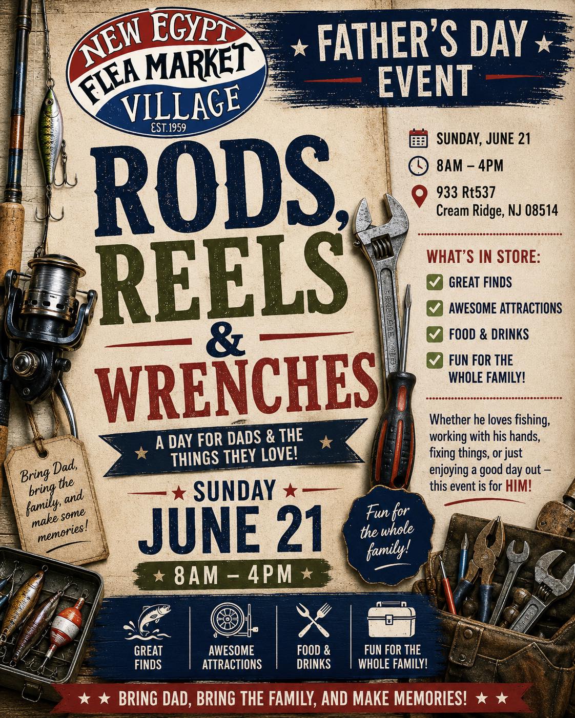 Rods, reels and wrenches flyer for Father's Day event. Fishing rods, tools and tool belt border.