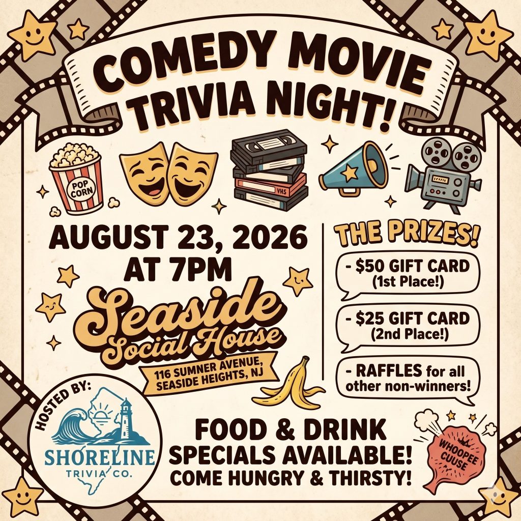 Comedy Movie Trivia Night Flyer. Graphic of movie tape, banana peel, masks, video tapes, popcorn and stars with smiley faces.