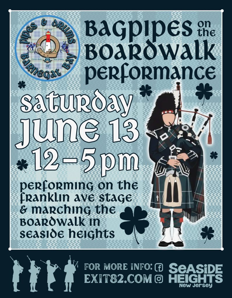 Bagpipes on the Boardwalk flyer with a graphic of a bagpiper