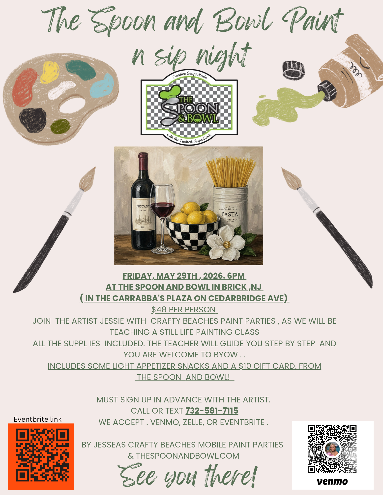 Painting of a wine bottle, red wine in a glass, pasta in a container, a white flower and lemons in a black and white checkered bowl
