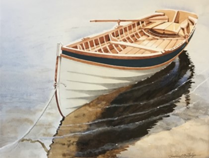 painting of a canoe in the water
