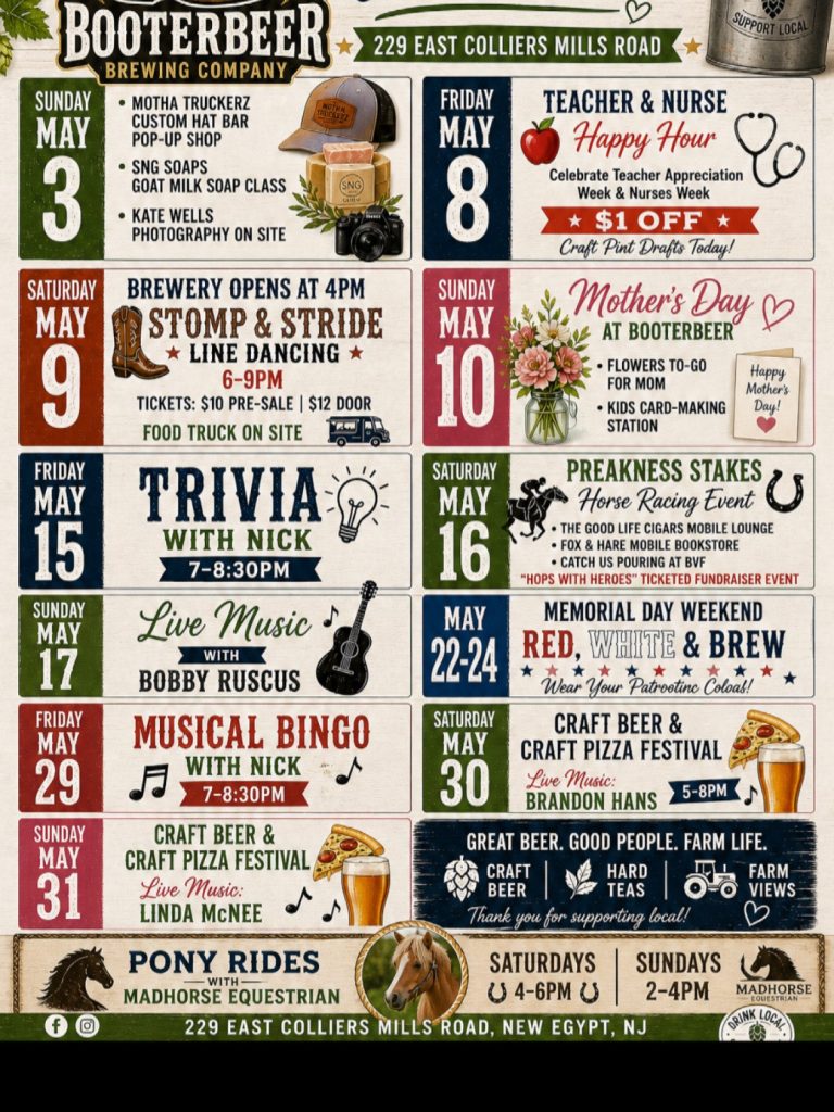 List of events flyer for BooterBeer Brewing Co