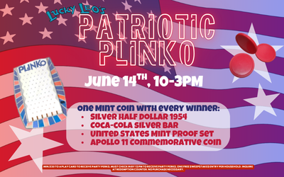 Patriotic Plinko at Lucky Leo's flyer with an American Flag and white stars in the background