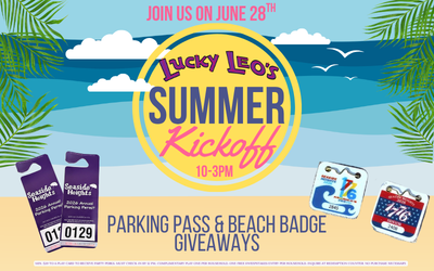 Lucky Leo's Summer Kickoff with graphic of a beach, palm trees, the ocean and seagulls flying.