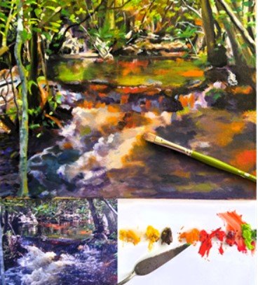 painting of a creek in the middle of a forest