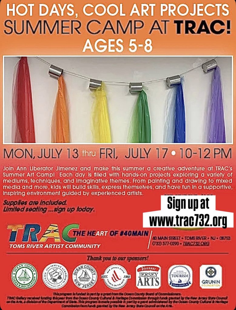Summer Art Camp flyer for TRAC. Rainbow fabrics hanging from a string 