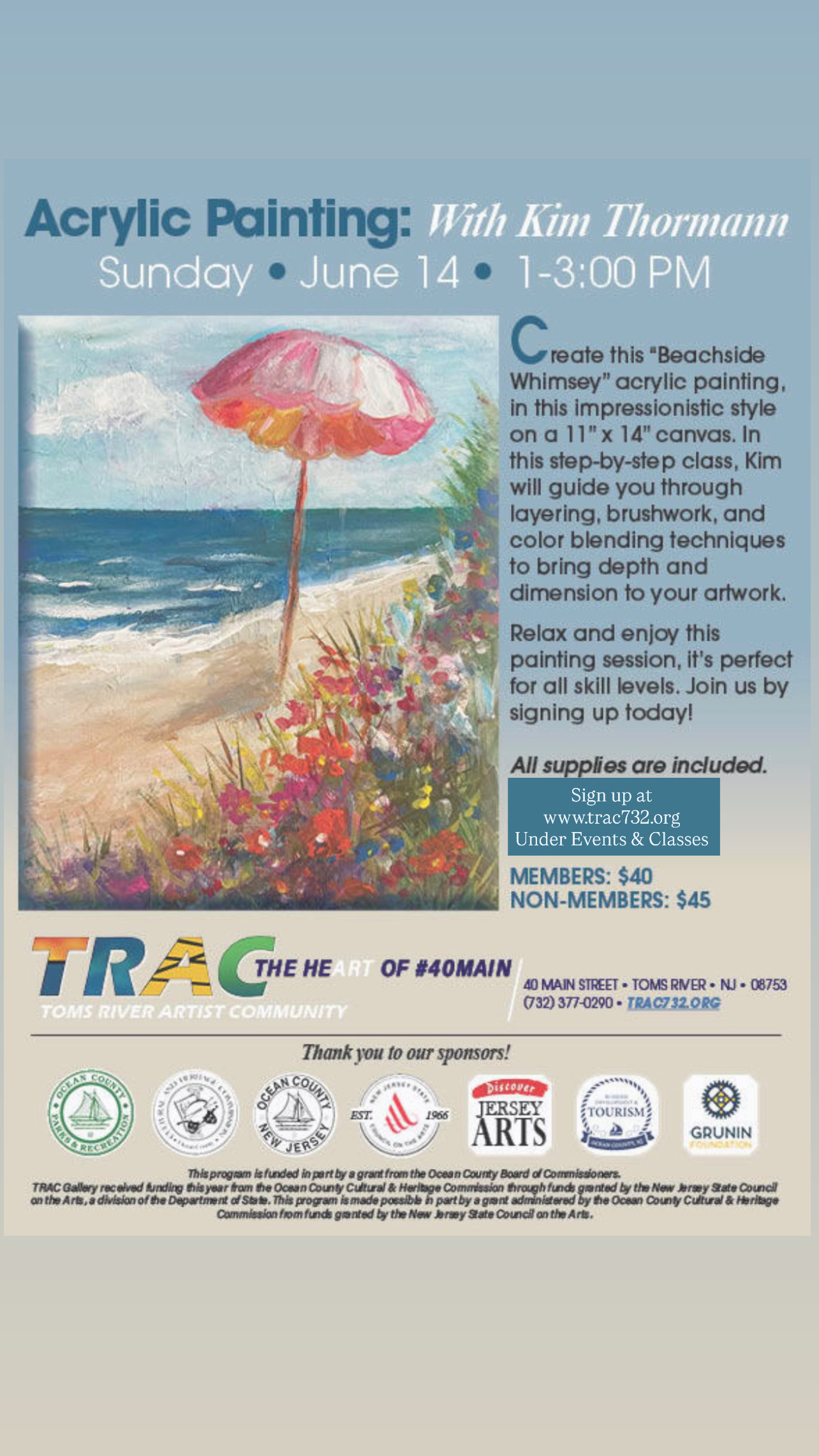 painting of a beach with colorful flowers in the dune and an umbrella in the sand