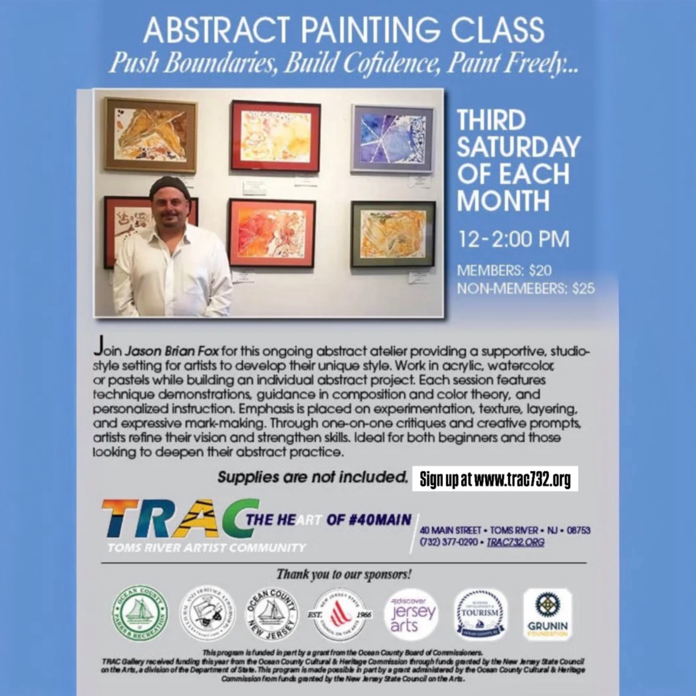 Monthly Abstract Painting Class. Man standing in front of gallery paintings on a wall