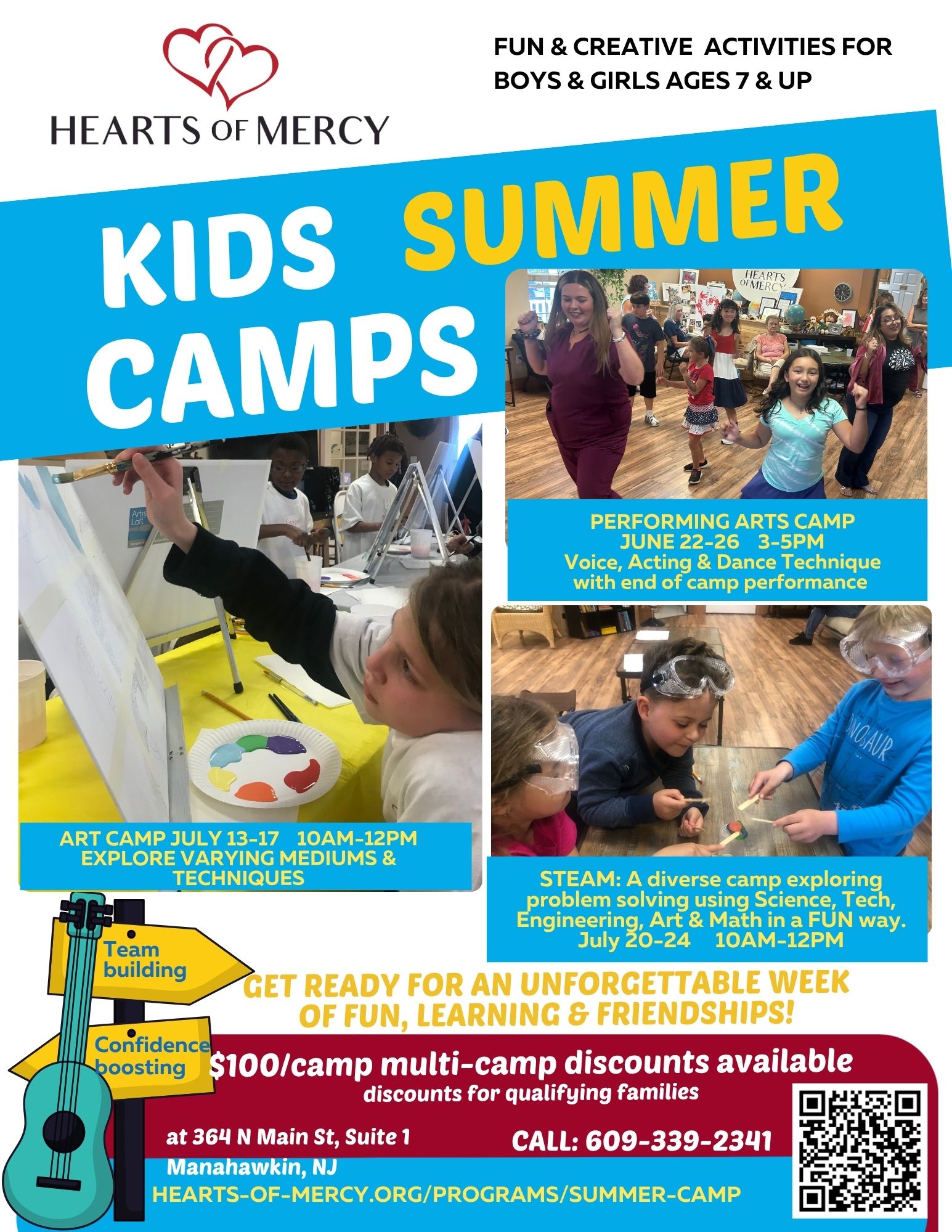 Kids summer camp flyer for Hearts of Mercy. Kids painting, dancing and doing science projects