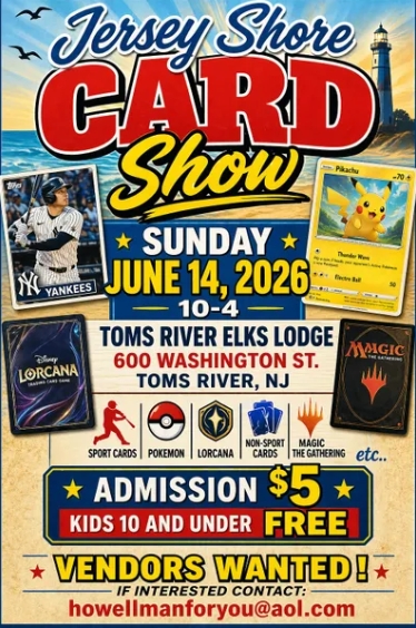 card show flyer with pokemon cards and baseball cards