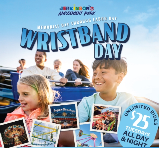 Unlimited Rides Wristband Day flyer with people riding a rollercoaster and photos of amusement park rides