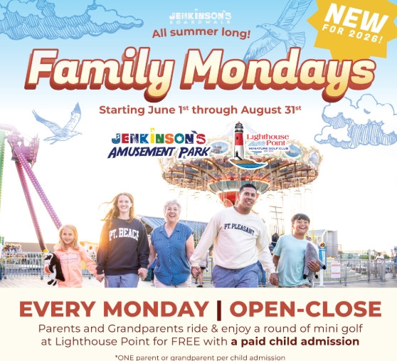 Family Mondays Flyer with a family holding hands walking on the boardwalk with an amusement park swing ride behind them.