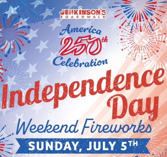 Independence Day Weekend Fireworks Jenkinson's Boardwalk with red, white, and blue fireworks