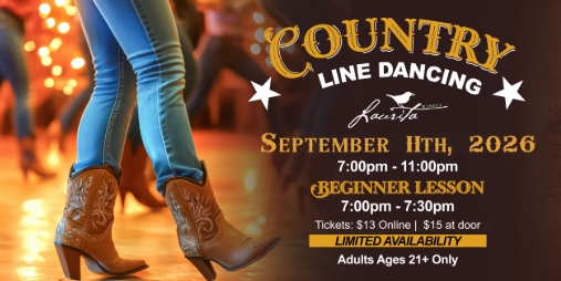 country line dancing flyer with a woman in cowboy boots and people line dancing in the background