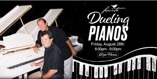 dueling pianos flyer. Two men leaning against a piano