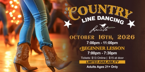 country line dancing flyer with a woman in cowboy boots and people line dancing in the background