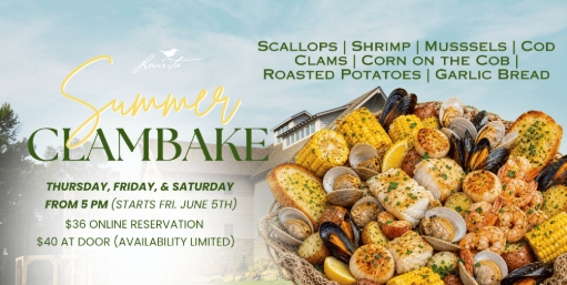 Summer clambake flyer with a bowl of corn, seafood and seasonings