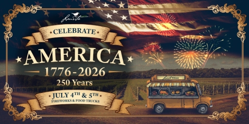 Celebrate America food trucks and fireworks. Graphic of a food truck with the vineyard int he background, an American Flag and fireworks