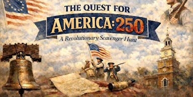 Revolutionary scavenger hunt flyer with graphics of the Liberty Bell, American Flags and Declaration of Independence