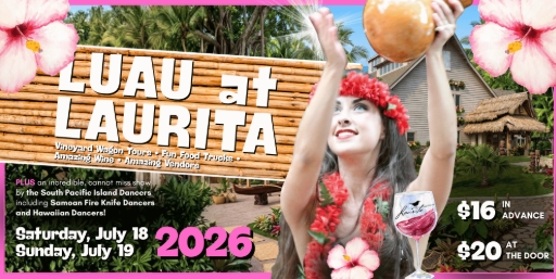 luau at laurita flyer with woman with red flowers in her hair and around her neck